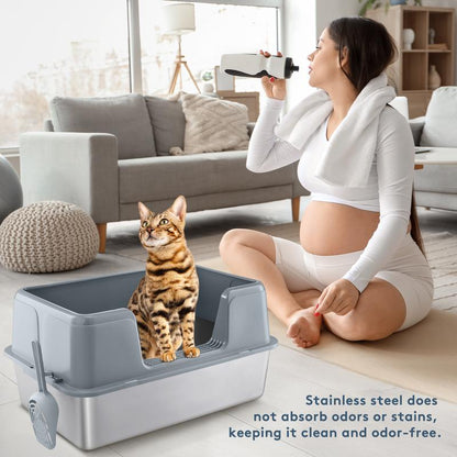 39L Large Cat Litter Box with High Sides, Open Top, Includes Scoop, 23.6 X 15.8 X 12 Inches