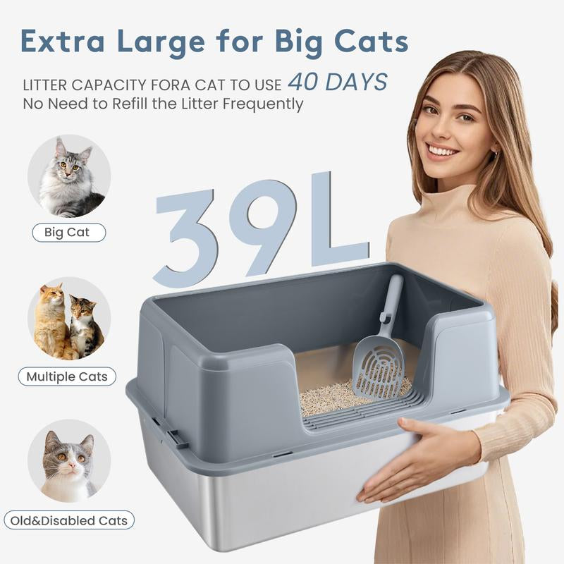 39L Large Cat Litter Box with High Sides, Open Top, Includes Scoop, 23.6 X 15.8 X 12 Inches